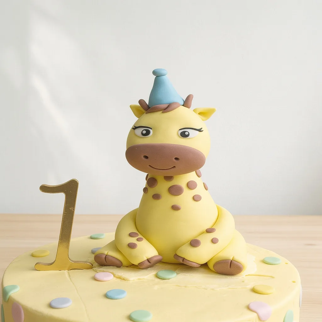 Yellow giraffe cake with blue party hat and gold number one topper on yellow base with pastel confetti