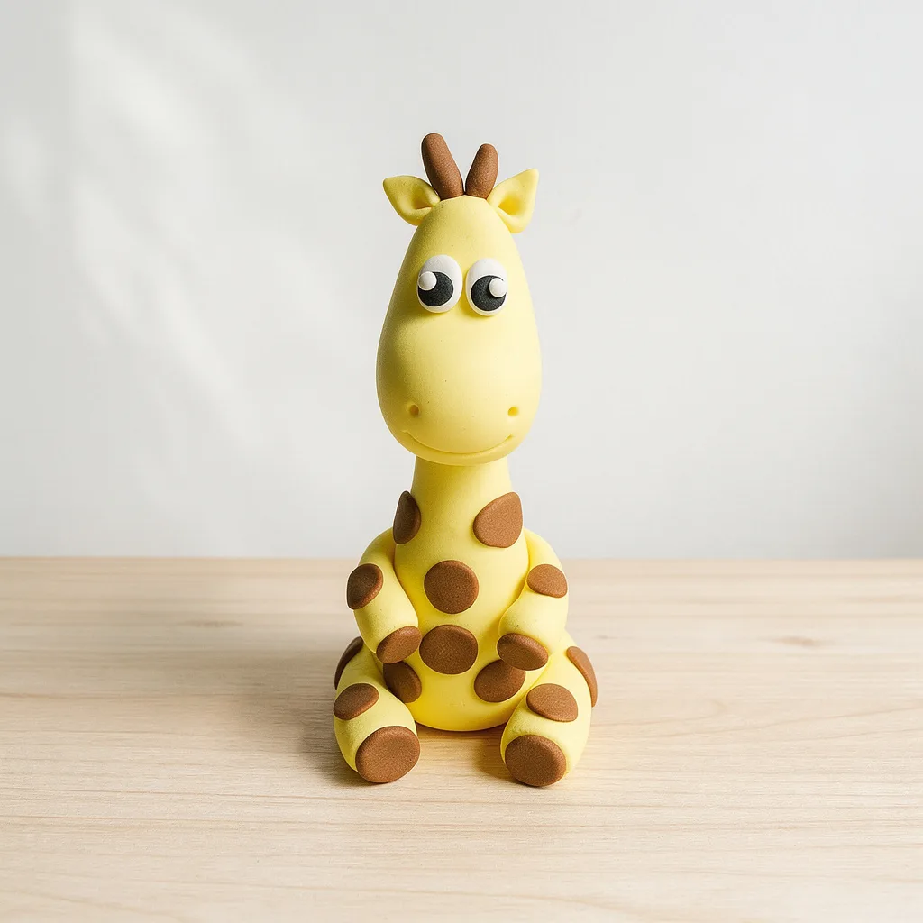 Yellow giraffe character cake with brown spots sitting on wooden surface
