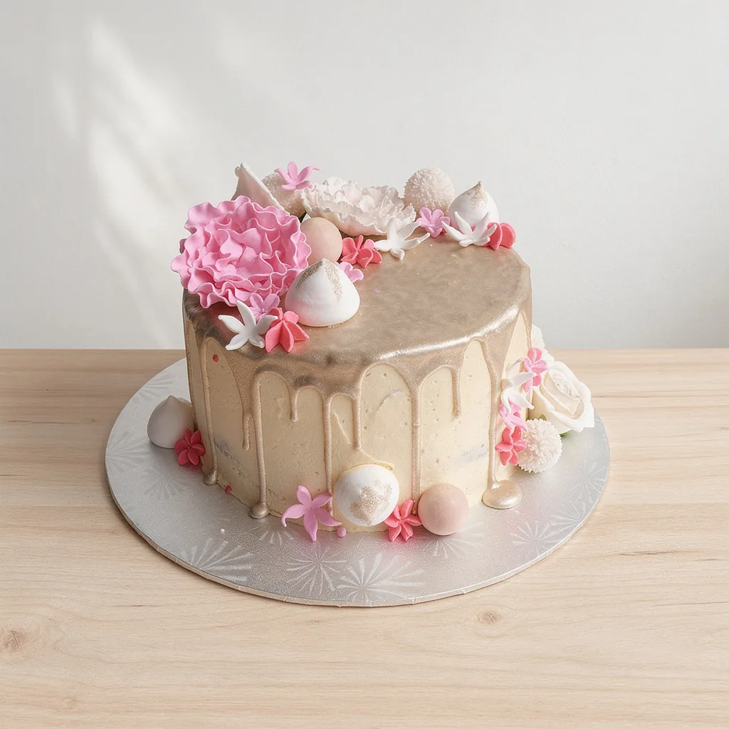 Round cake with gold drip icing decorated with pink and white edible flowers and meringues