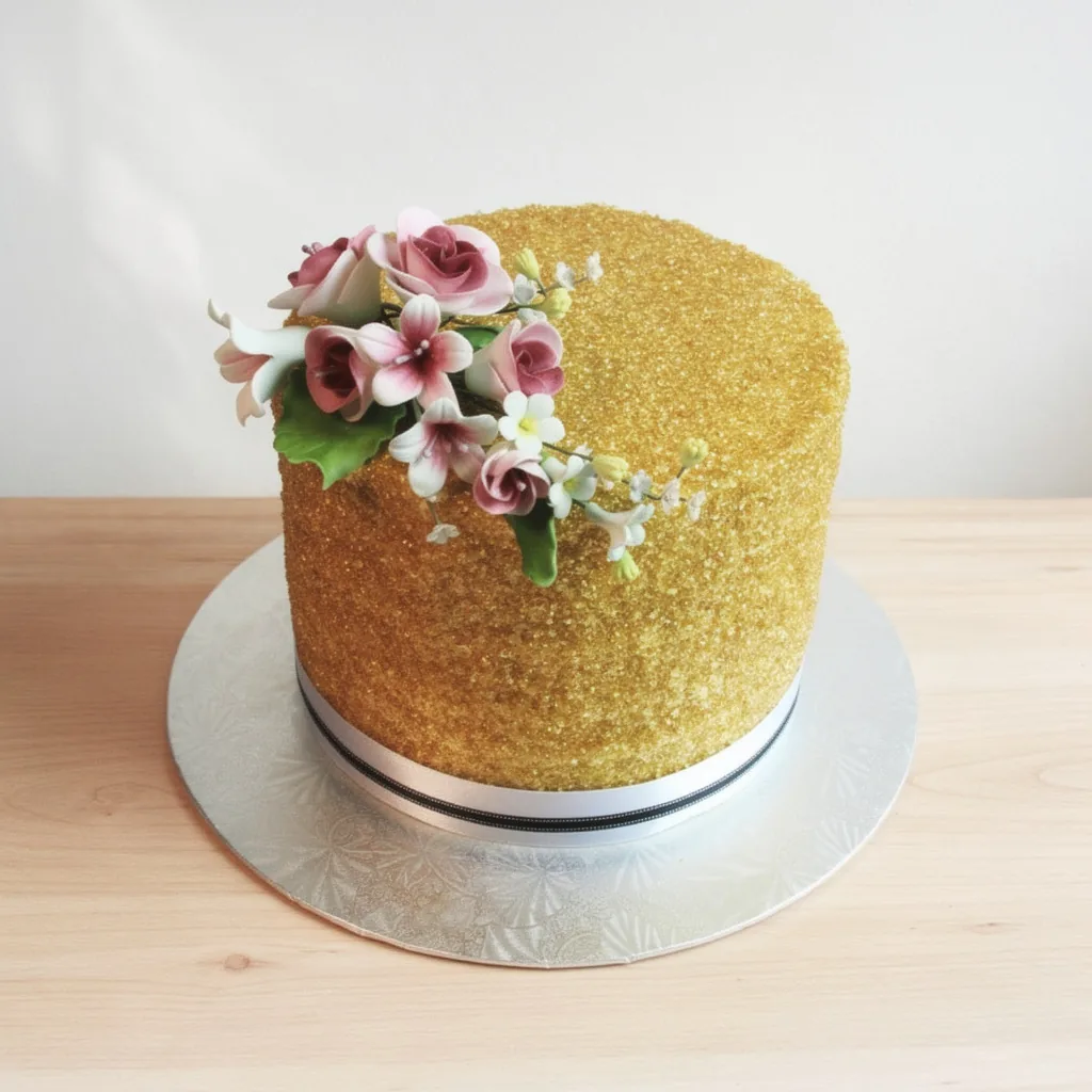 Tall round cake covered in gold glitter with pink and white sugar flowers and a silver ribbon border