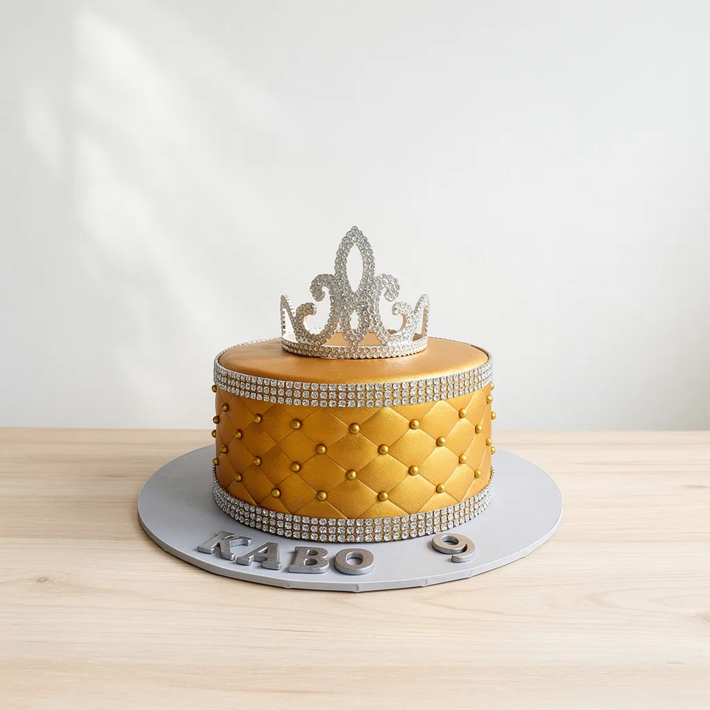 Gold quilted round cake with gold beads and a sparkling crown topper