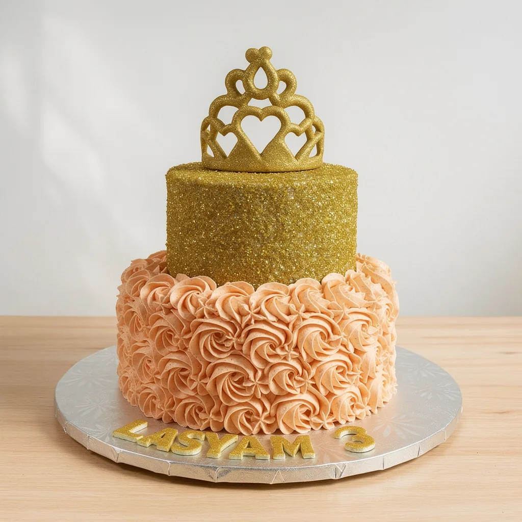 Two-tier cake with gold glitter top tier and peach rosette frosting bottom tier topped with a gold heart-shaped crown