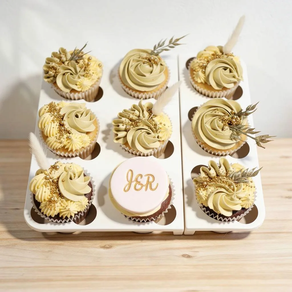 Set of golden cream and yellow cupcakes decorated with gold sprinkles, feathers, and one with initials on top