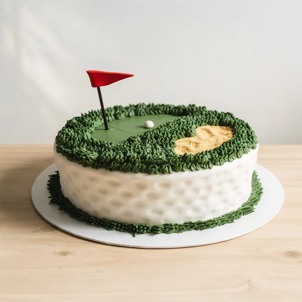 Round cake decorated to look like a golf green with a red flag, golf ball, and sand bunker