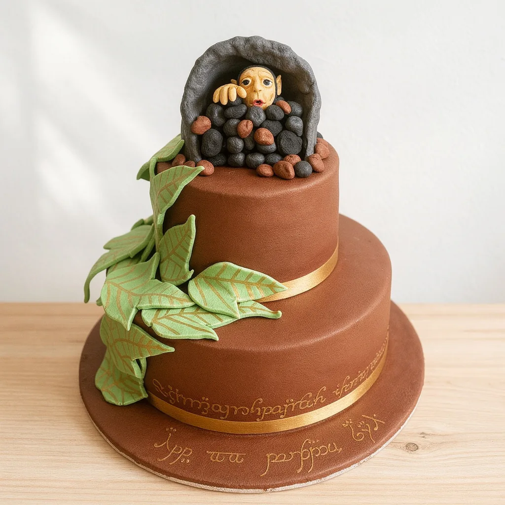 Two-tier brown cake with green leaves and a figure of a creature peeking out of a cave on top