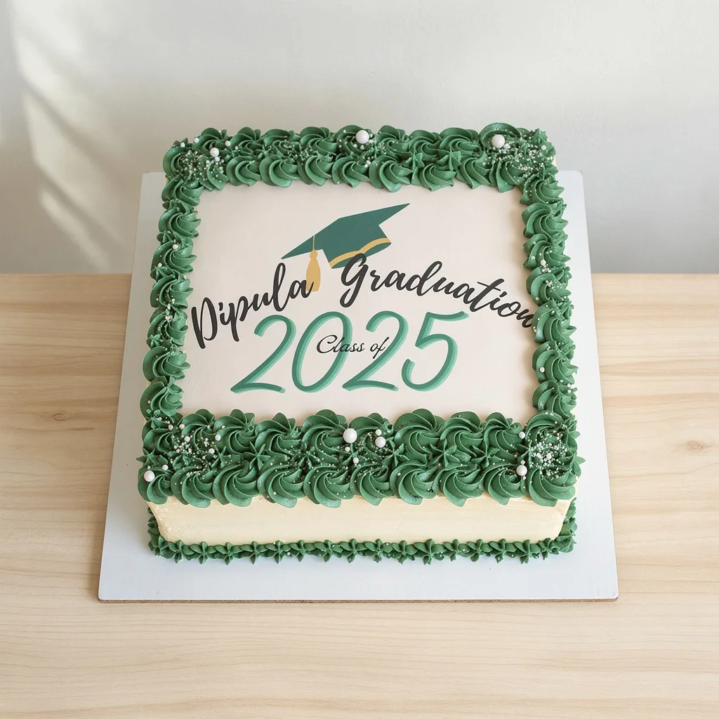 Square graduation cake with green piped border and a mortarboard design