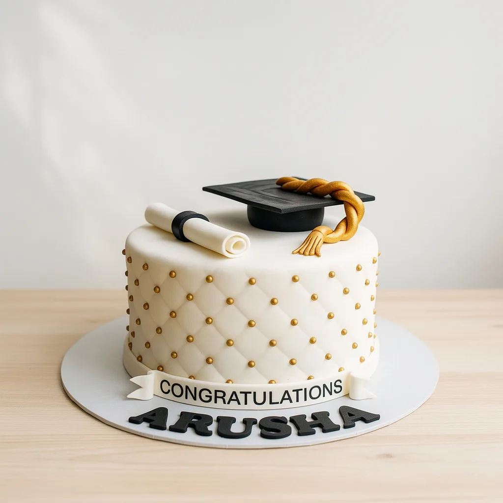 White quilted graduation cake with gold dots, black cap with gold tassel and rolled diploma
