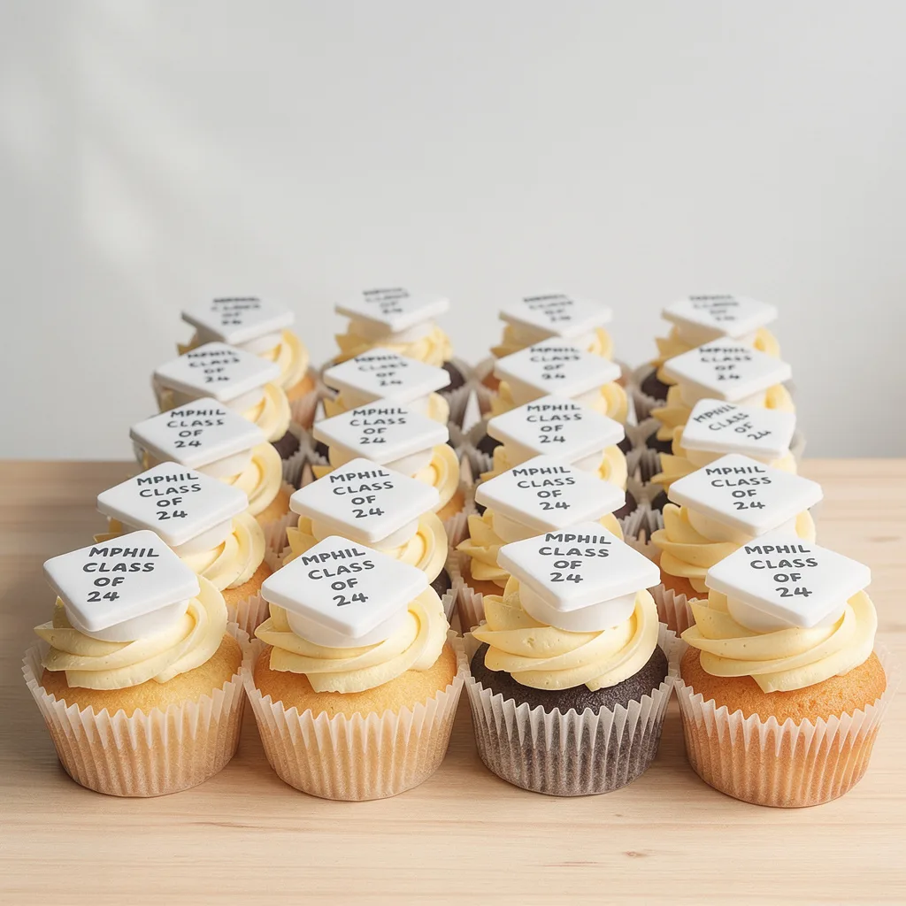 Rows of vanilla and chocolate cupcakes with cream frosting topped with white graduation cap decorations