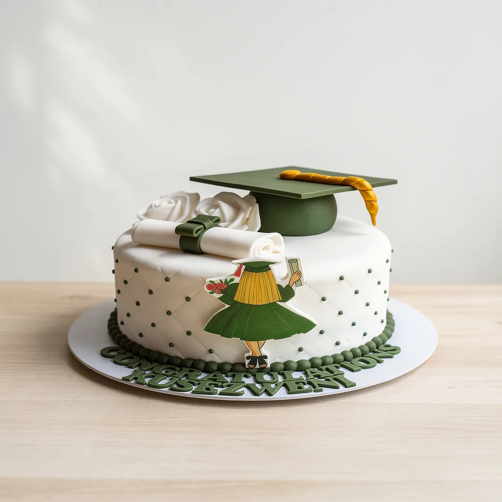 Round white graduation cake with green fondant dots, cap, scroll, and female graduate decoration