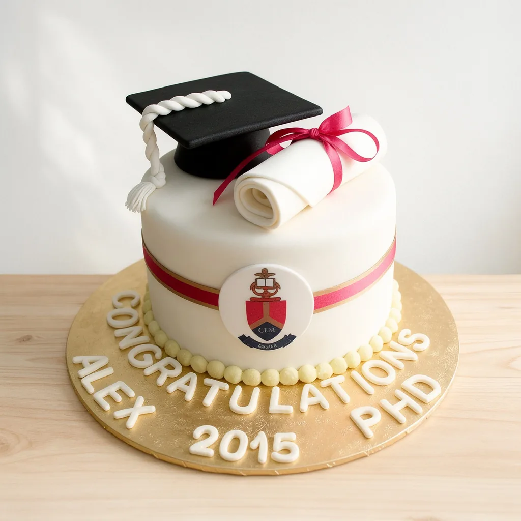Round white graduation cake with edible graduation cap and diploma, decorated with red ribbon and crest