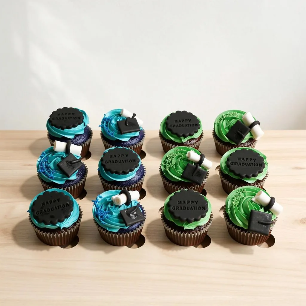 Twelve graduation-themed cupcakes with blue and green frosting, fondant diploma and cap decorations