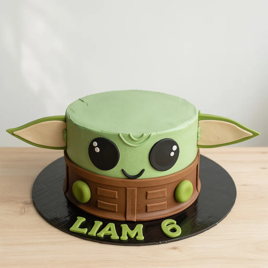 Round green cake with big eyes and long ears resembling a baby alien character