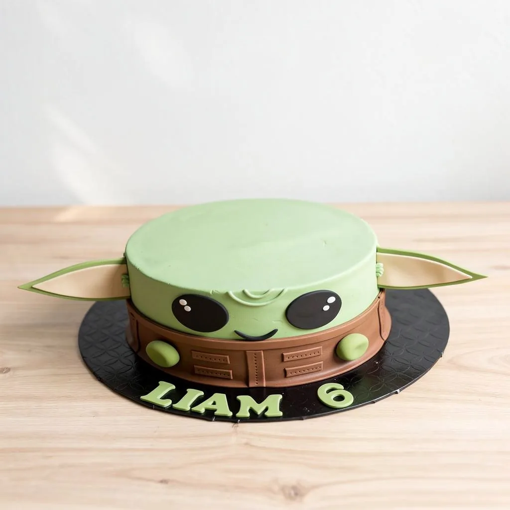 Round green cake with large eyes, a small smile, and brown collar, featuring long ears on either side