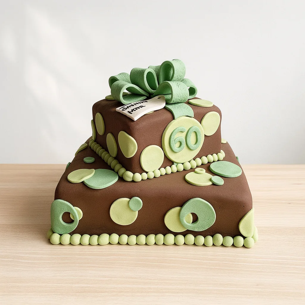 Two-tier square chocolate cake with green and light green polka dots and bow decoration, number 60 on front
