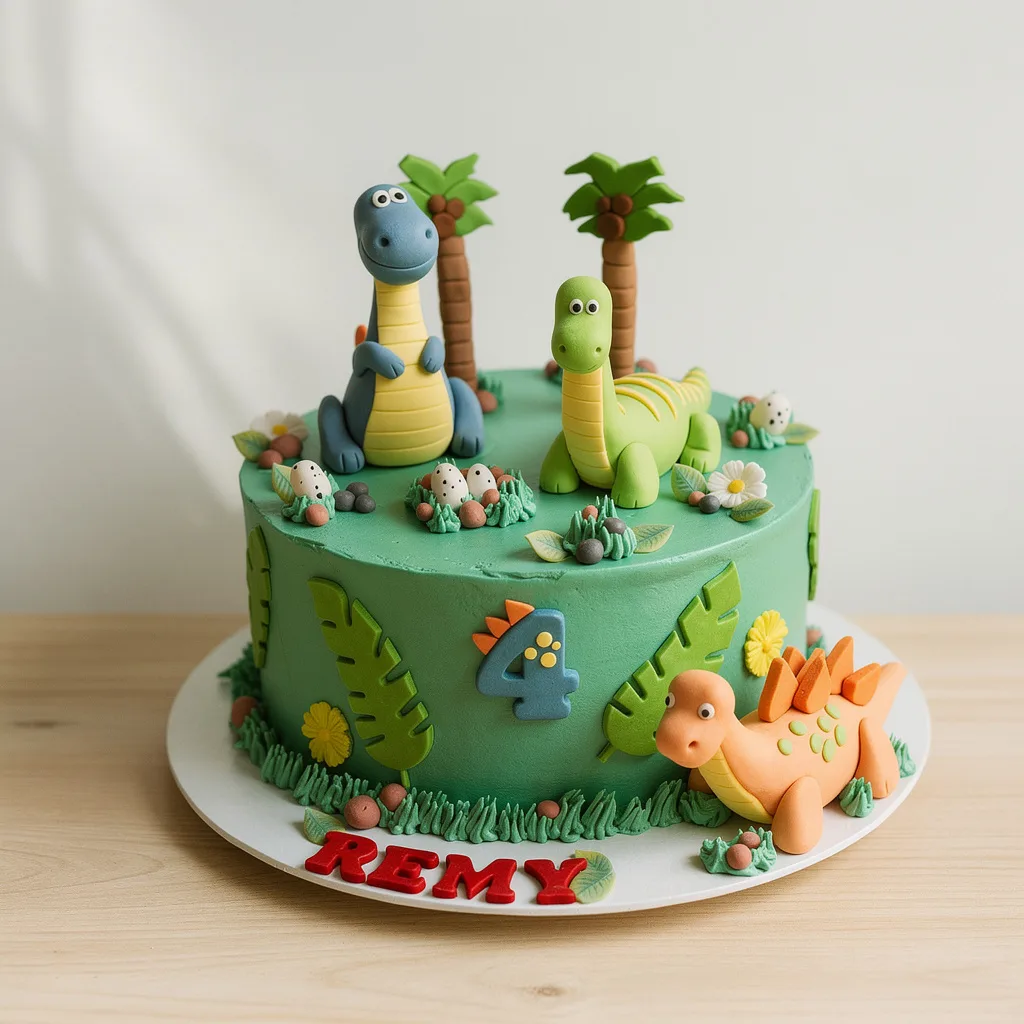 Round green birthday cake with three colorful fondant dinosaurs and number four