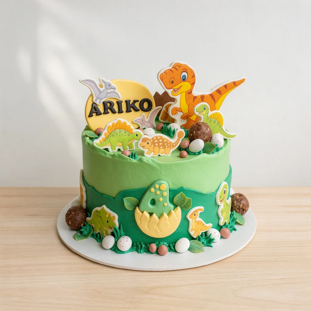 Two-tier green dinosaur-themed birthday cake with fondant number 4 and edible dinosaur decorations
