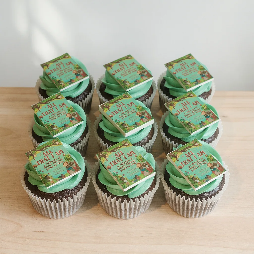 Chocolate cupcakes with green swirl frosting topped with edible book decorations