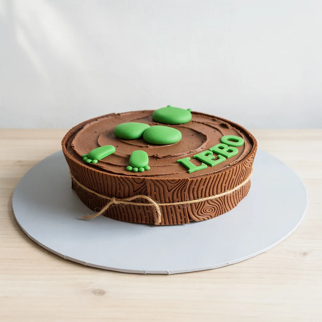 Round chocolate cake with green footprints and green letters on top