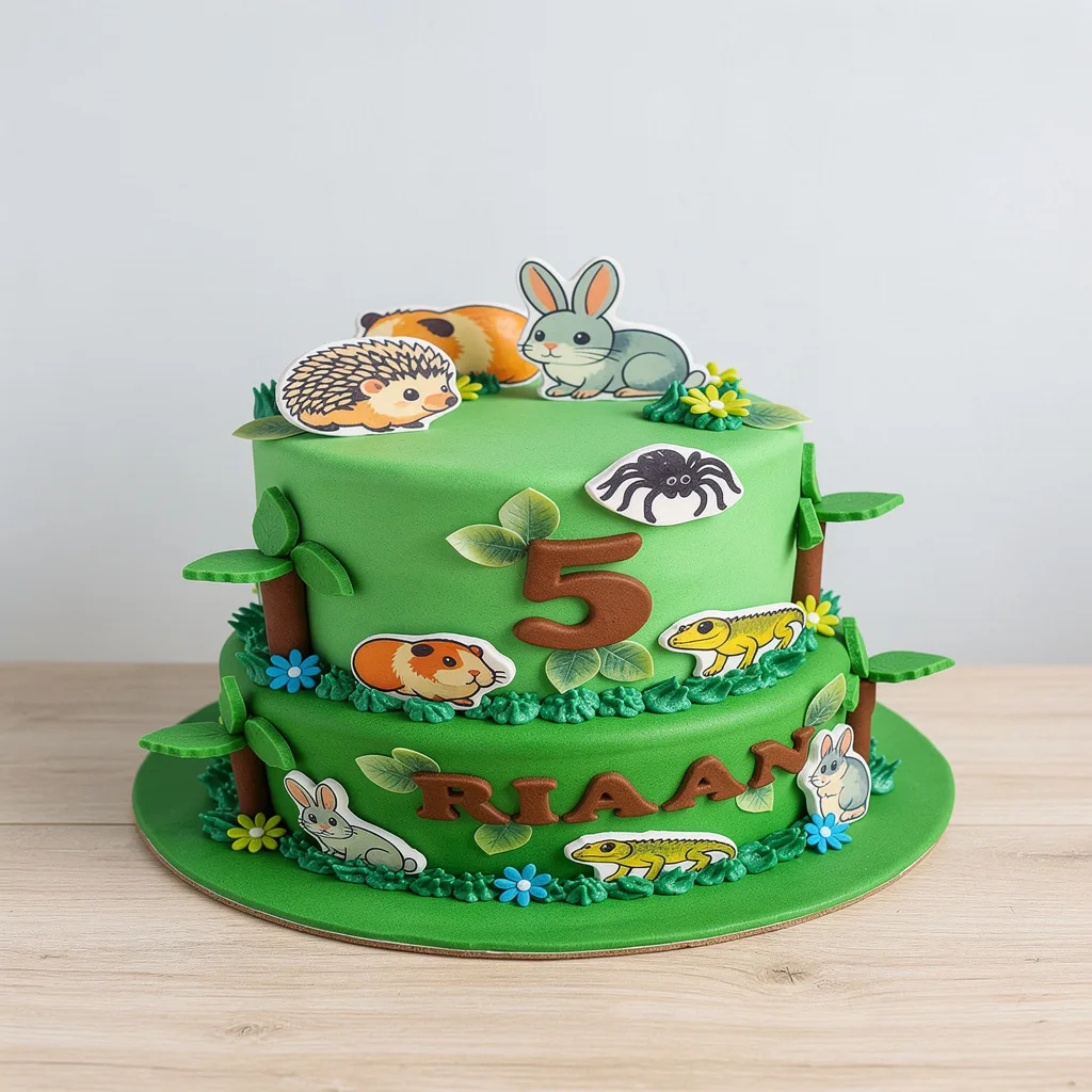 Two-tier green cake decorated with cartoon forest animals, leaves, and flowers