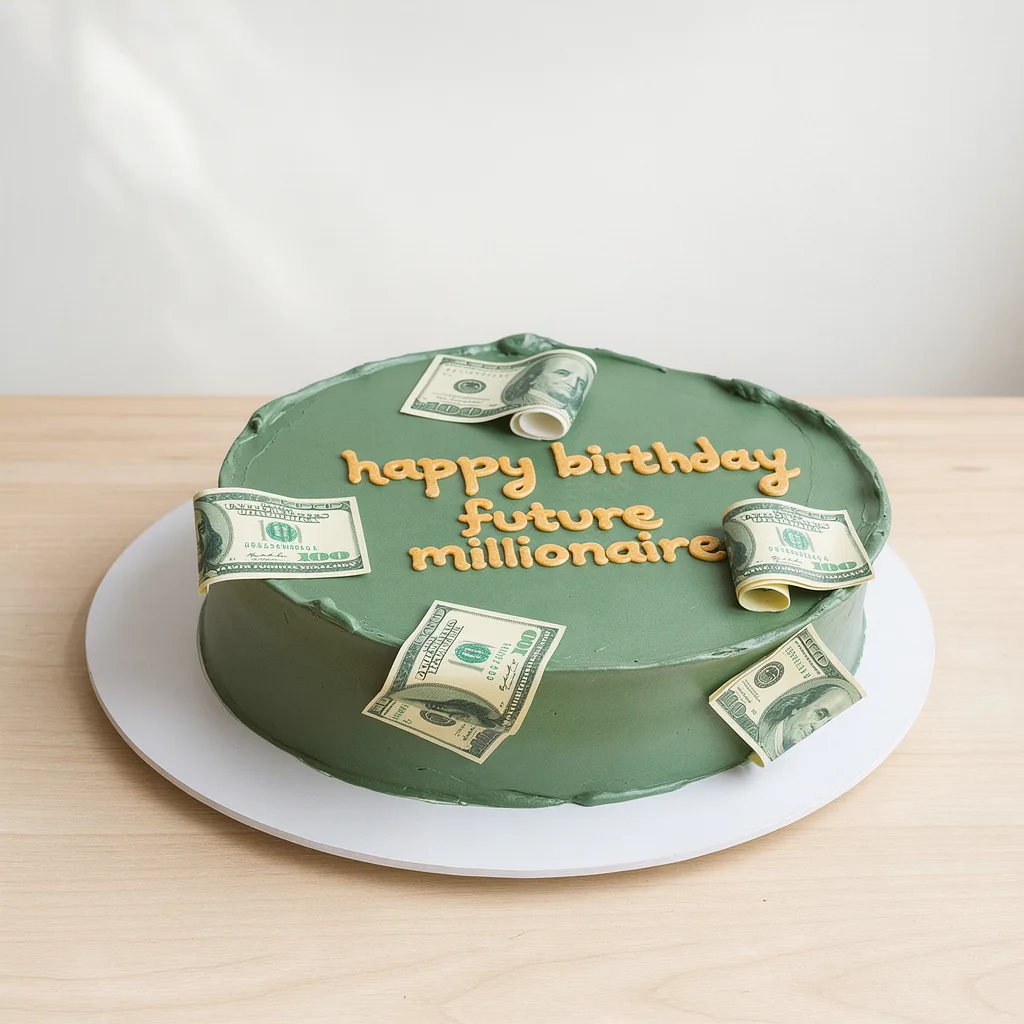Round cake with green frosting decorated with edible money and yellow text saying happy birthday future millionaire