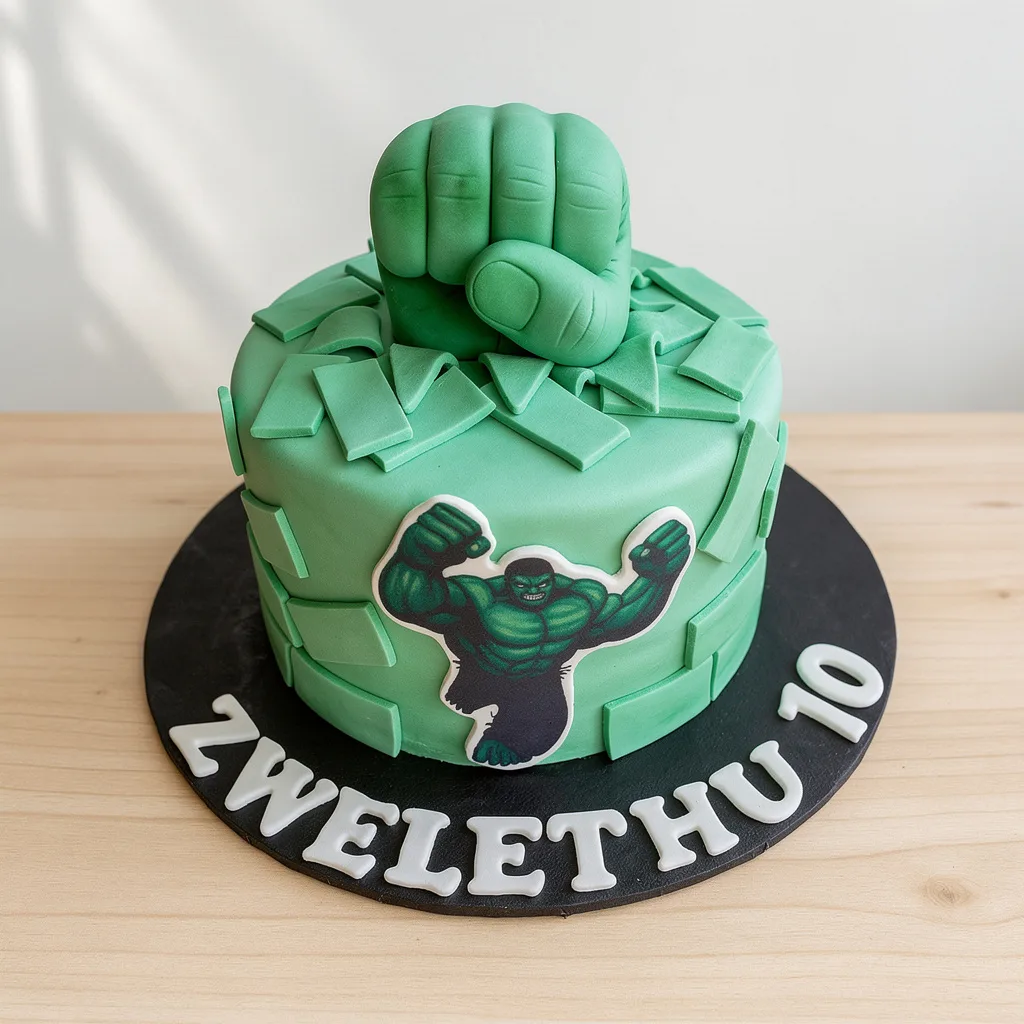 Green Hulk-themed cake with a large fist topper and rectangular fondant pieces