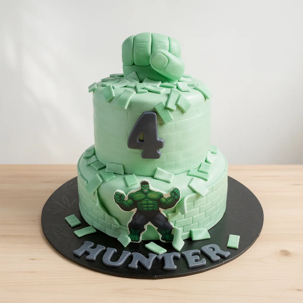 Two-tier green cake themed with Hulk design and a fist topper with number 4 decoration