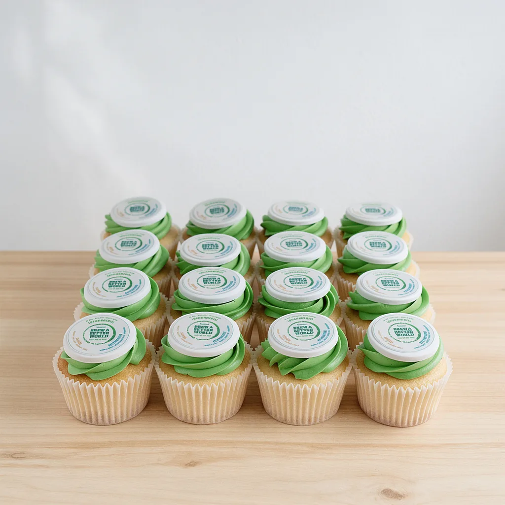 Vanilla cupcakes with green frosting and round edible logo toppers arranged in a grid