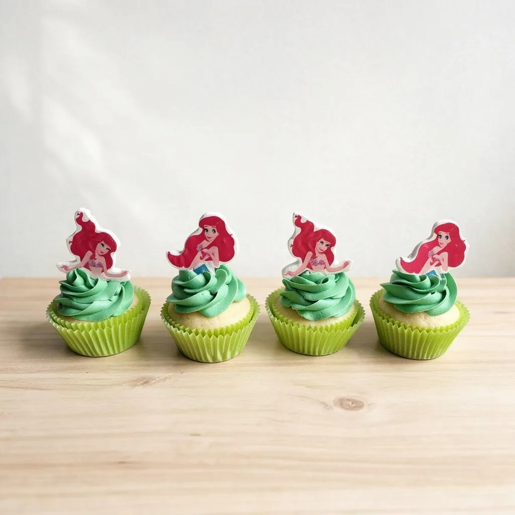 Four vanilla cupcakes with green swirled icing and red-haired mermaid toppers