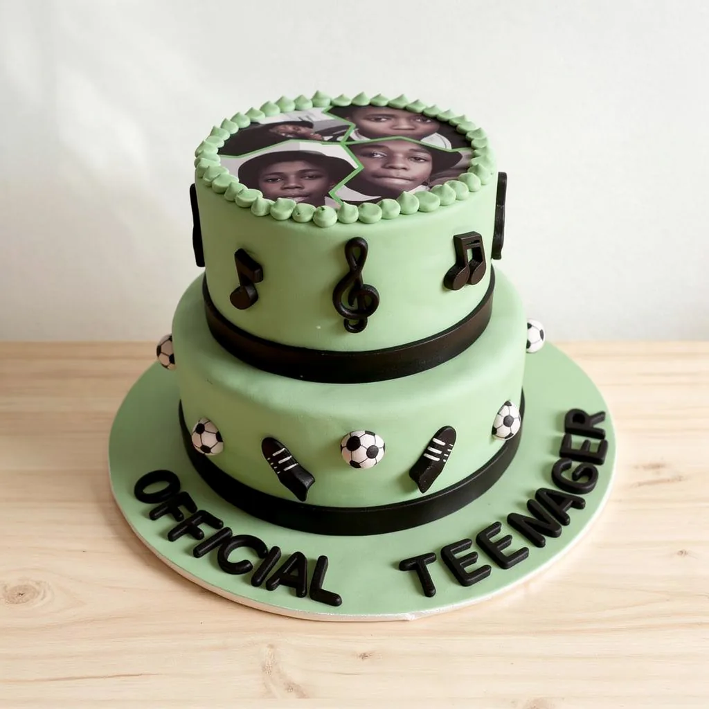 Two-tier green cake with black music notes and football decorations and a photo collage on top