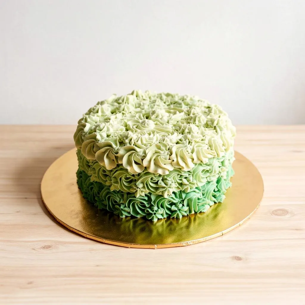 Round cake decorated with green ombre rosette buttercream frosting