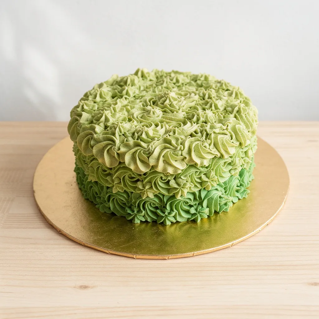 Round cake with green ombre ruffle buttercream decoration on a gold board