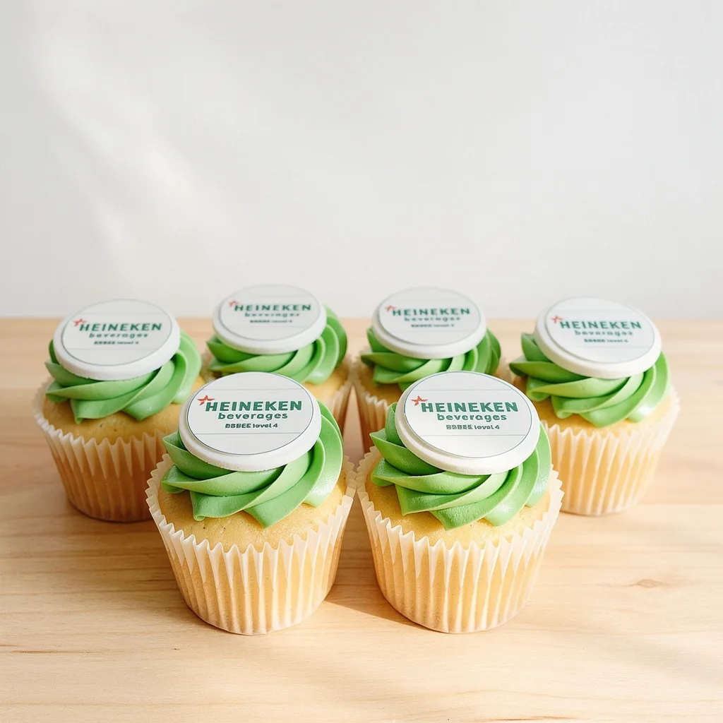 Six vanilla cupcakes with green frosting swirls and edible Heineken logos on white toppers