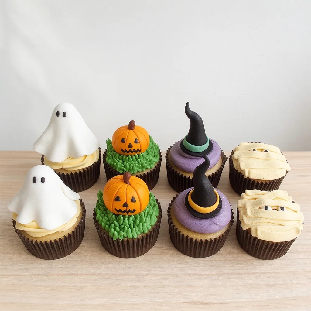 Eight Halloween themed cupcakes decorated with ghosts, pumpkins, witch hats, and mummies