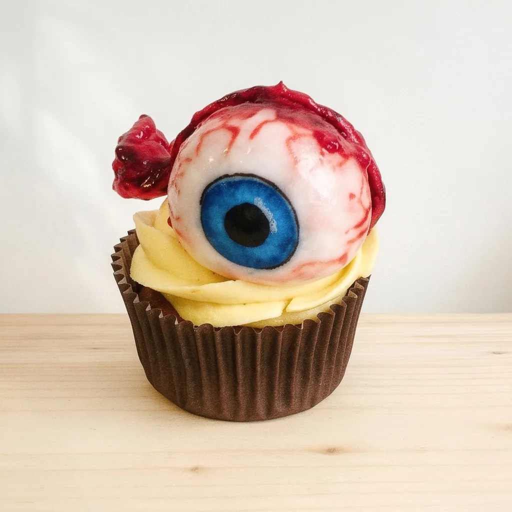 Cupcake topped with a detailed edible eyeball with blue iris and red veins