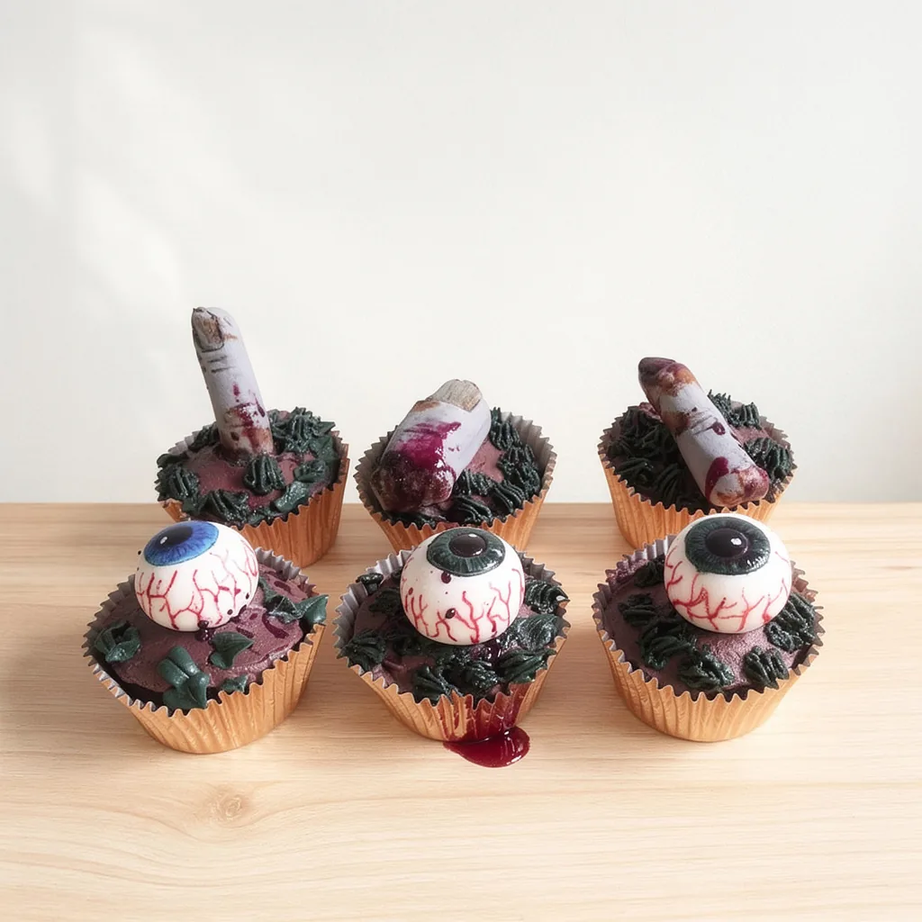 Six Halloween-themed cupcakes decorated with edible eyeballs and fingers on dark frosting