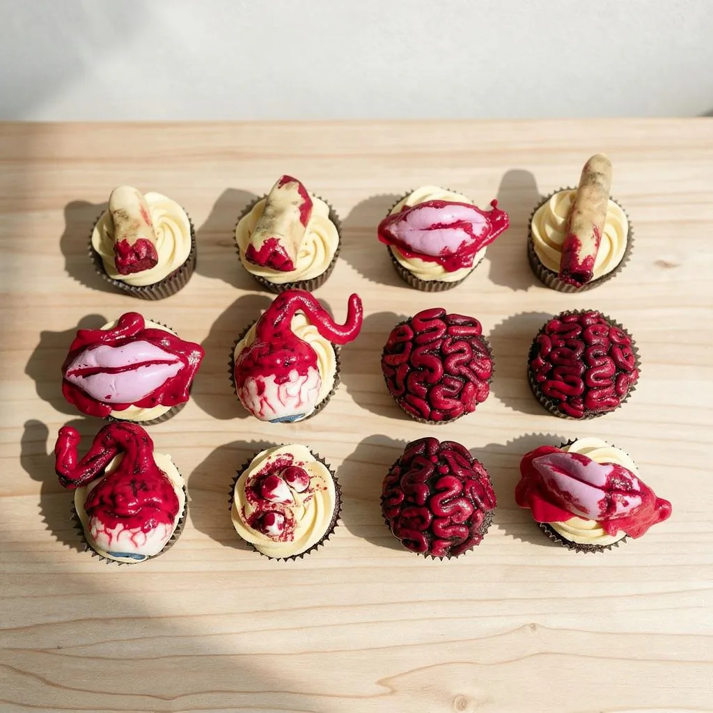 Cupcakes decorated with spooky Halloween horror elements like brains, eyeballs, lips, and bloody fingers