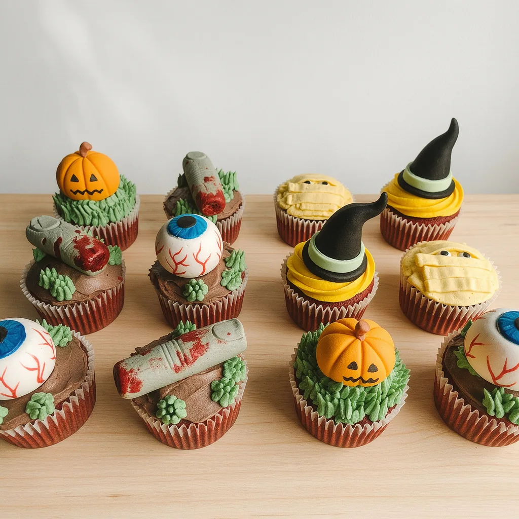 Cupcakes decorated with Halloween themes including pumpkins, witch hats, eyeballs, mummies, and zombie fingers on a wood…