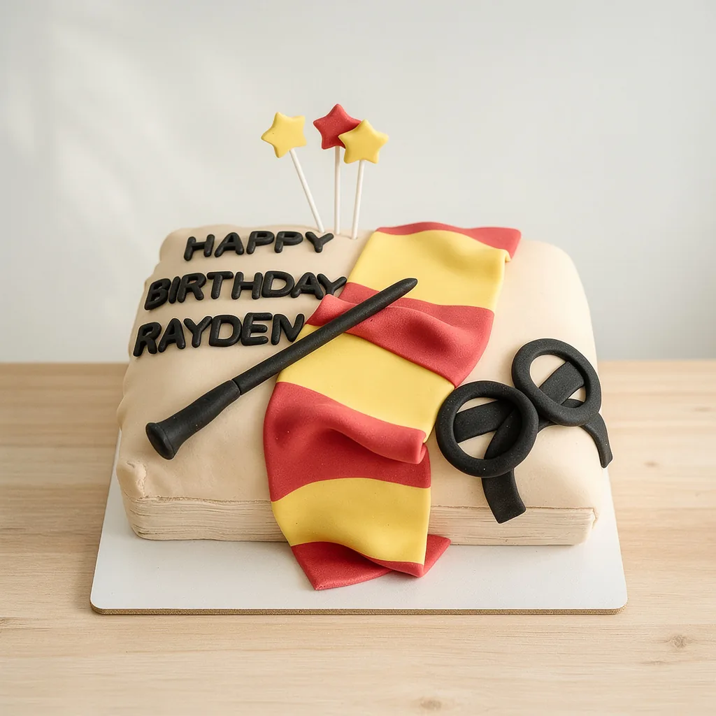 Square birthday cake with a red and yellow striped scarf, black glasses, wand, and star toppers