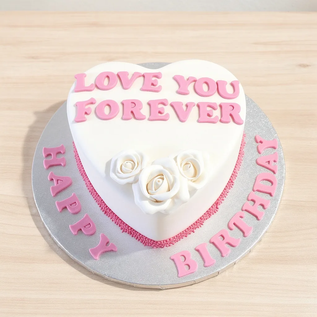 Heart-shaped white cake with pink letters saying Love You Forever and Happy Birthday, decorated with white fondant roses