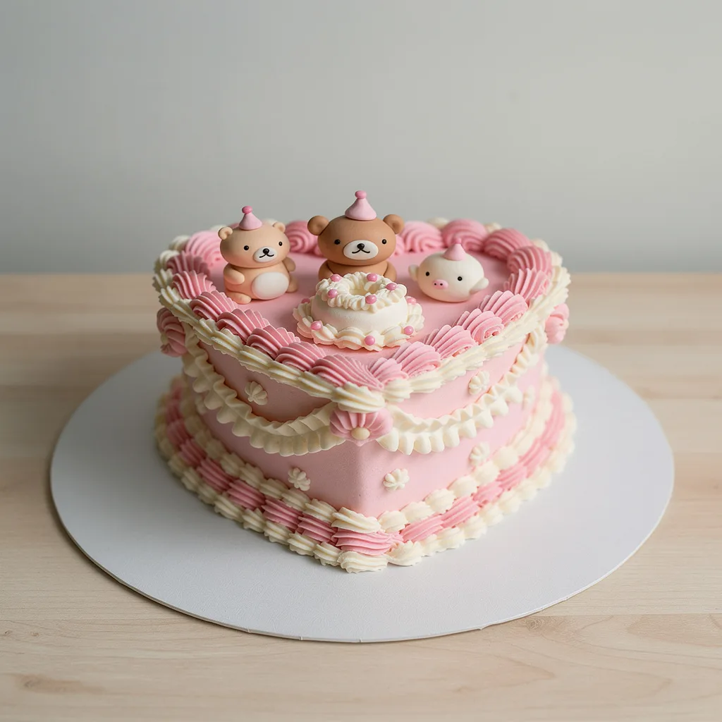 Heart-shaped pink cake with cream piping and bear and pig figures wearing party hats
