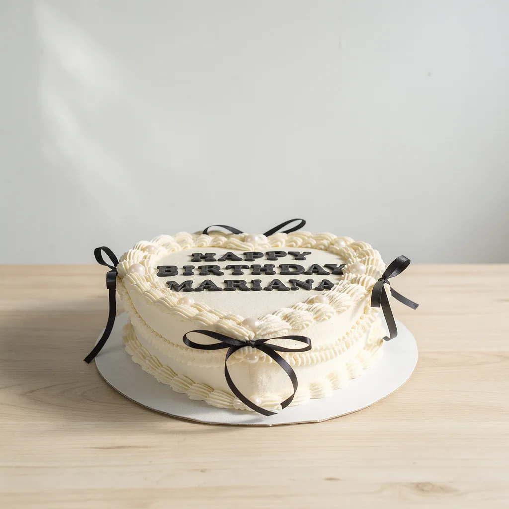 heart-shaped birthday cake with white frosting, black ribbon bows, and piped decorative border