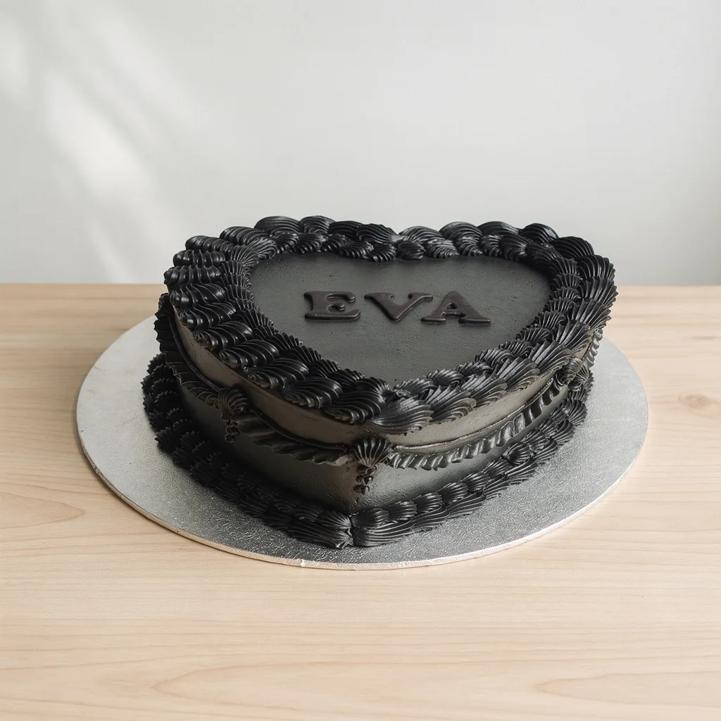 Heart-shaped black cake with piped borders and name decoration on top