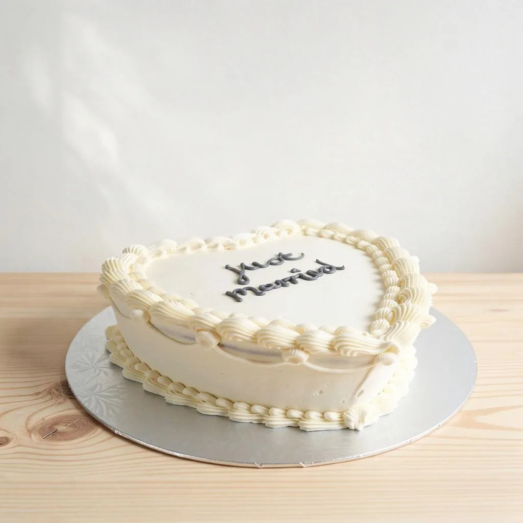 Heart-shaped white frosted cake with piped borders and love married text