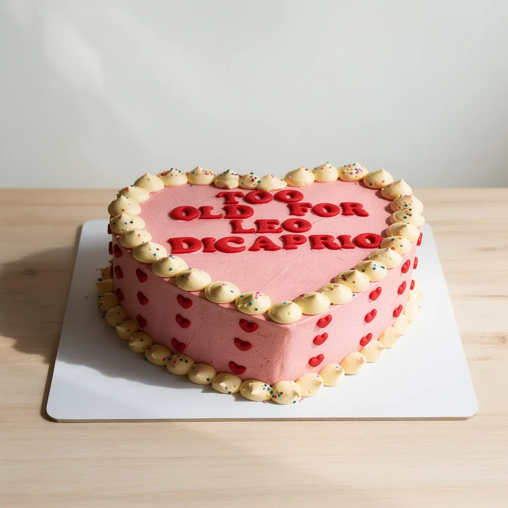 Heart-shaped pink cake with creamy white dollops and red hearts decorated with red text