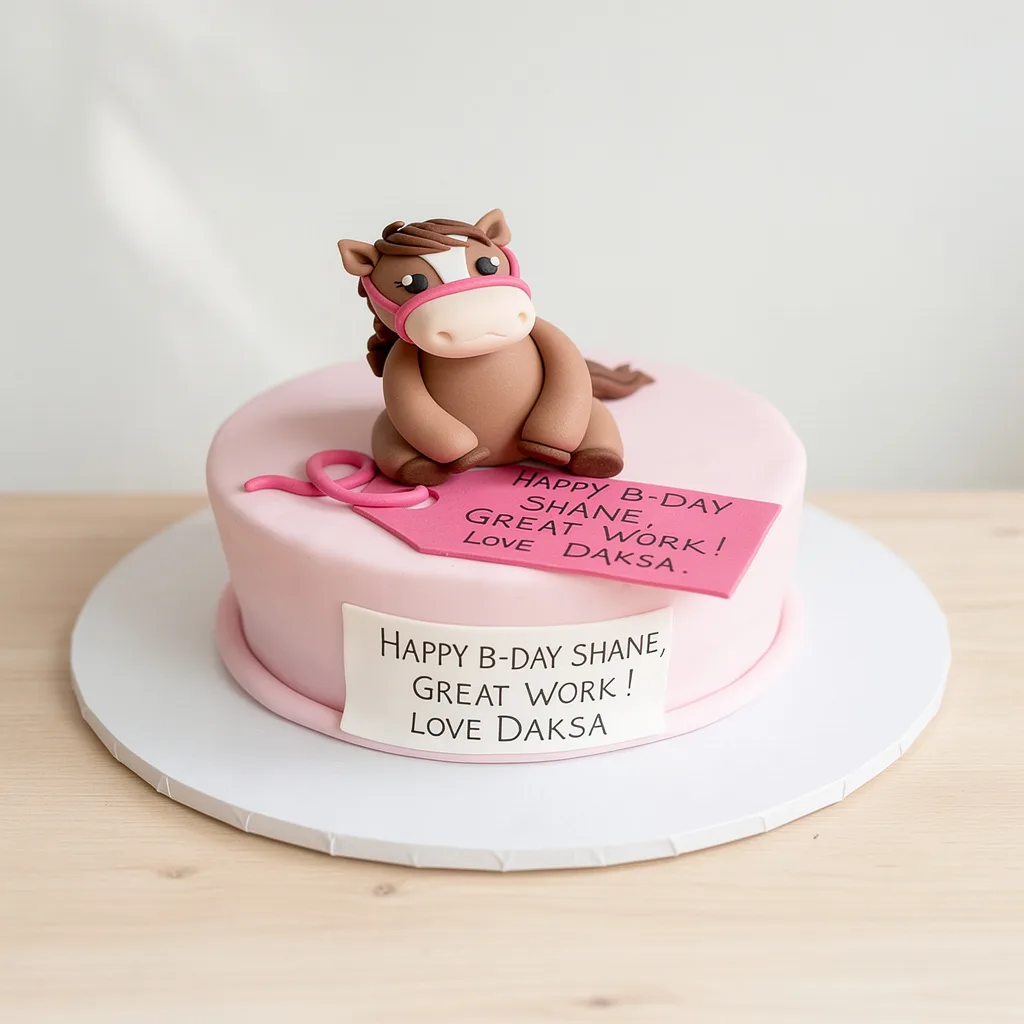 Pink round cake with a sitting horse figure and birthday message tags