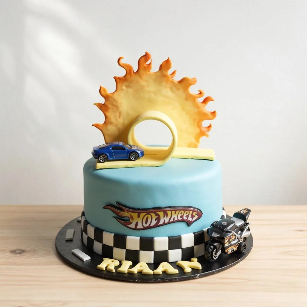Blue cake with Hot Wheels logo, toy car on loop track, toy motorbike, and sun decoration