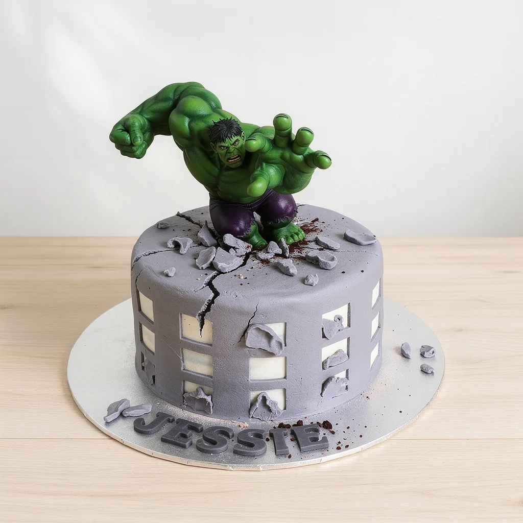 Round cake with grey fondant cracked like a building and a green muscular figure on top breaking through
