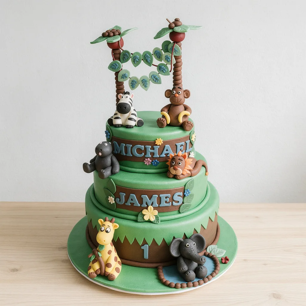 Three-tier green birthday cake with fondant jungle animals and leaves