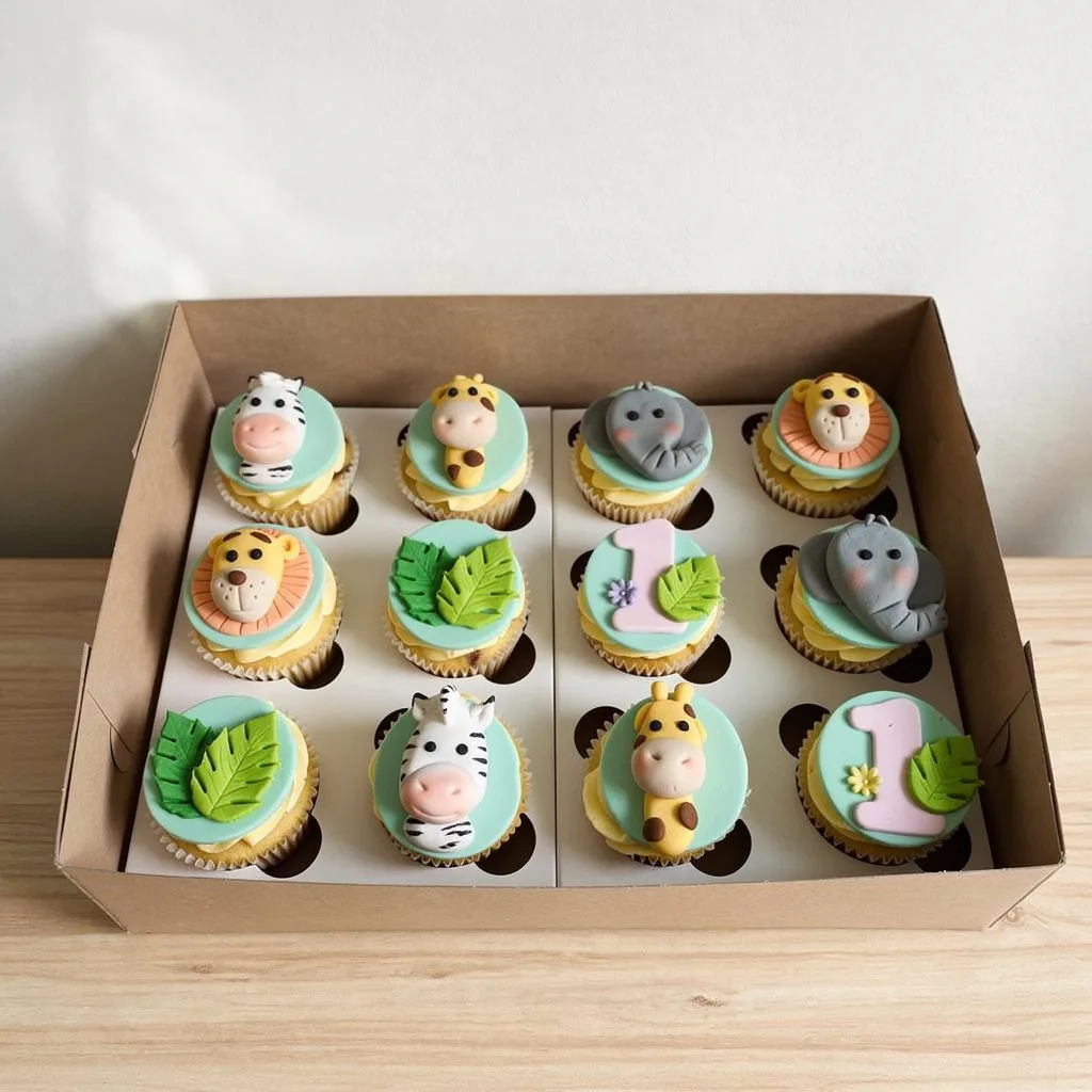 Twelve cupcakes decorated with fondant jungle animals, leaves, and number one toppers