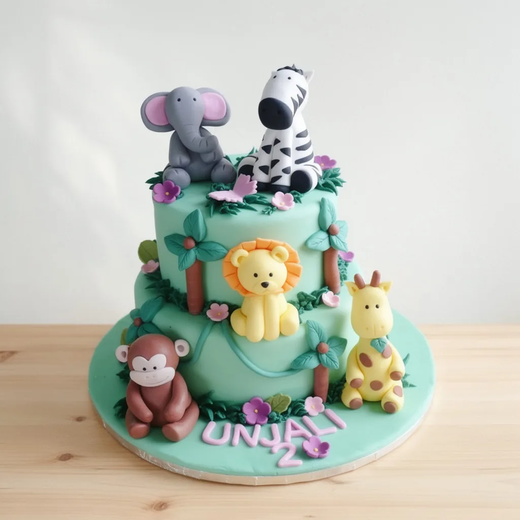 Two-tiered cake decorated with fondant figures of elephant, zebra, lion, giraffe, and monkey surrounded by leaves and flowers